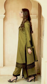 3 PCS LNF-37-MEHNDI VISCOSE SHIRT & TROUSER WITH SHAWL