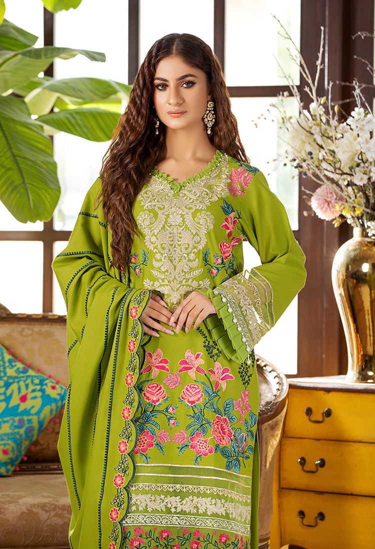 D# 35-2 Piece Green Winter Embroidered Dhanak
