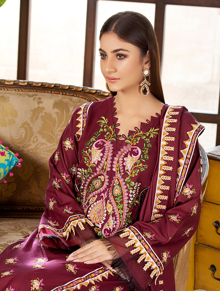 D# 36-2 Piece Maroon Winter Embroidered Dhanak